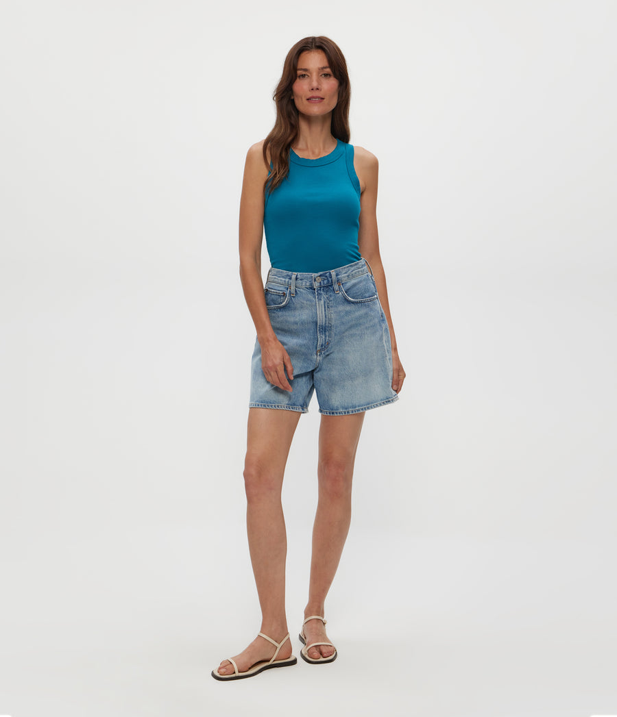 Halley Ribbed Tank with Ruching in LAGOON GREEN Full Body View #LAGOON
