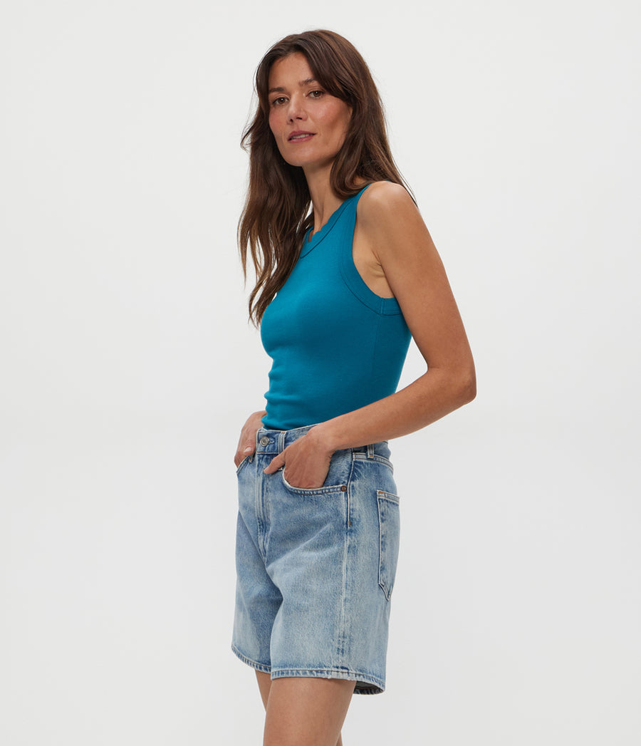 Halley Ribbed Tank with Ruching in LAGOON GREEN Side View #LAGOON