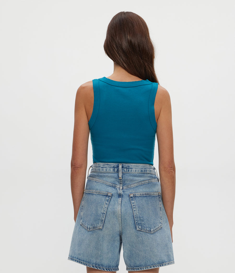 Halley Ribbed Tank with Ruching in LAGOON GREEN Back View #LAGOON
