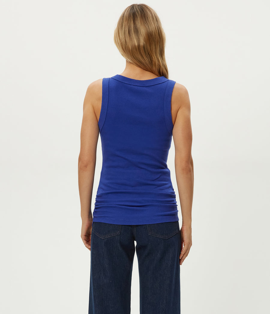 Halley Ribbed Tank with Ruching in Lapis Blue Back View #LAPIS