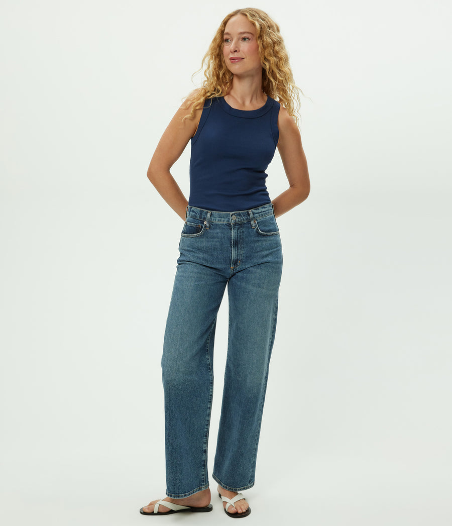 Halley Ribbed Tank with Ruching in Nocturnal Blue Full Body View #NOCTURNAL