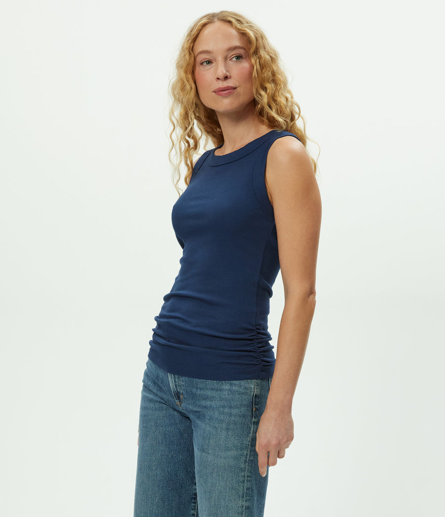 Halley Ribbed Tank with Ruching in Nocturnal Blue Side View #NOCTURNAL