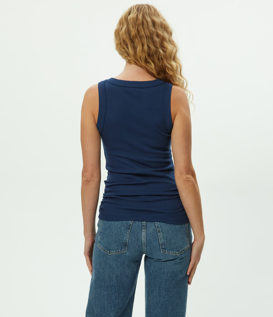 Halley Ribbed Tank with Ruching in Nocturnal Blue Back View #NOCTURNAL