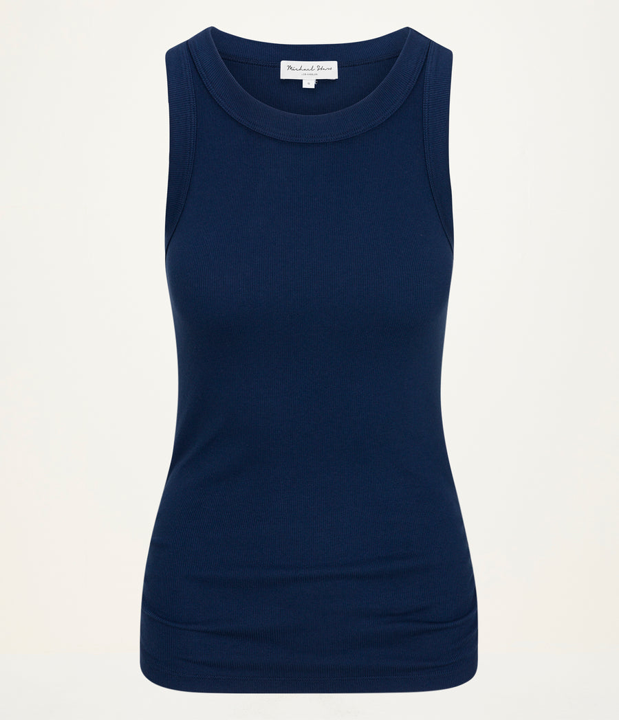 Halley Ribbed Tank with Ruching in Nocturnal Blue Close up View  #NOCTURNAL