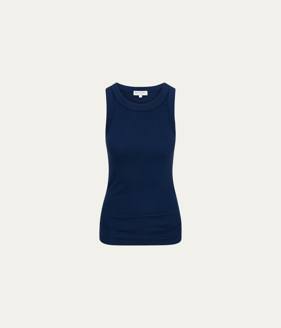 Halley Ribbed Tank with Ruching in Nocturnal Blue Close up View  #NOCTURNAL