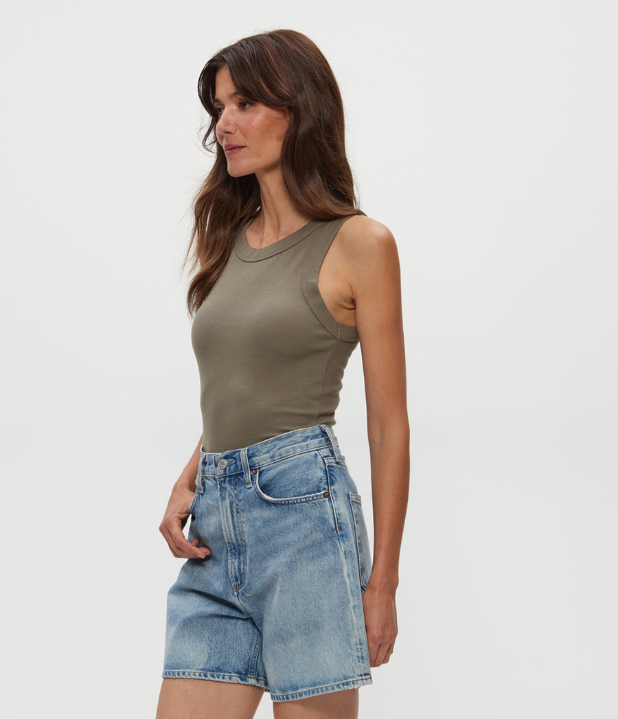 Halley Ribbed Tank with Ruching in Olive Green Side View #OLIVE