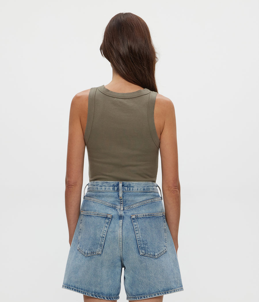 Halley Ribbed Tank with Ruching in Olive Green Back View #OLIVE