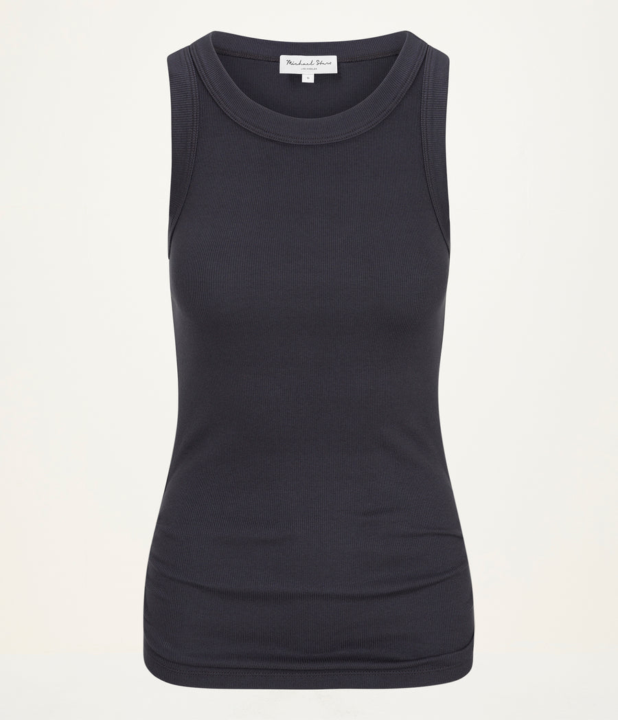 Halley Ribbed Tank with Ruching in Oxide Grey  Close up View #OXIDE