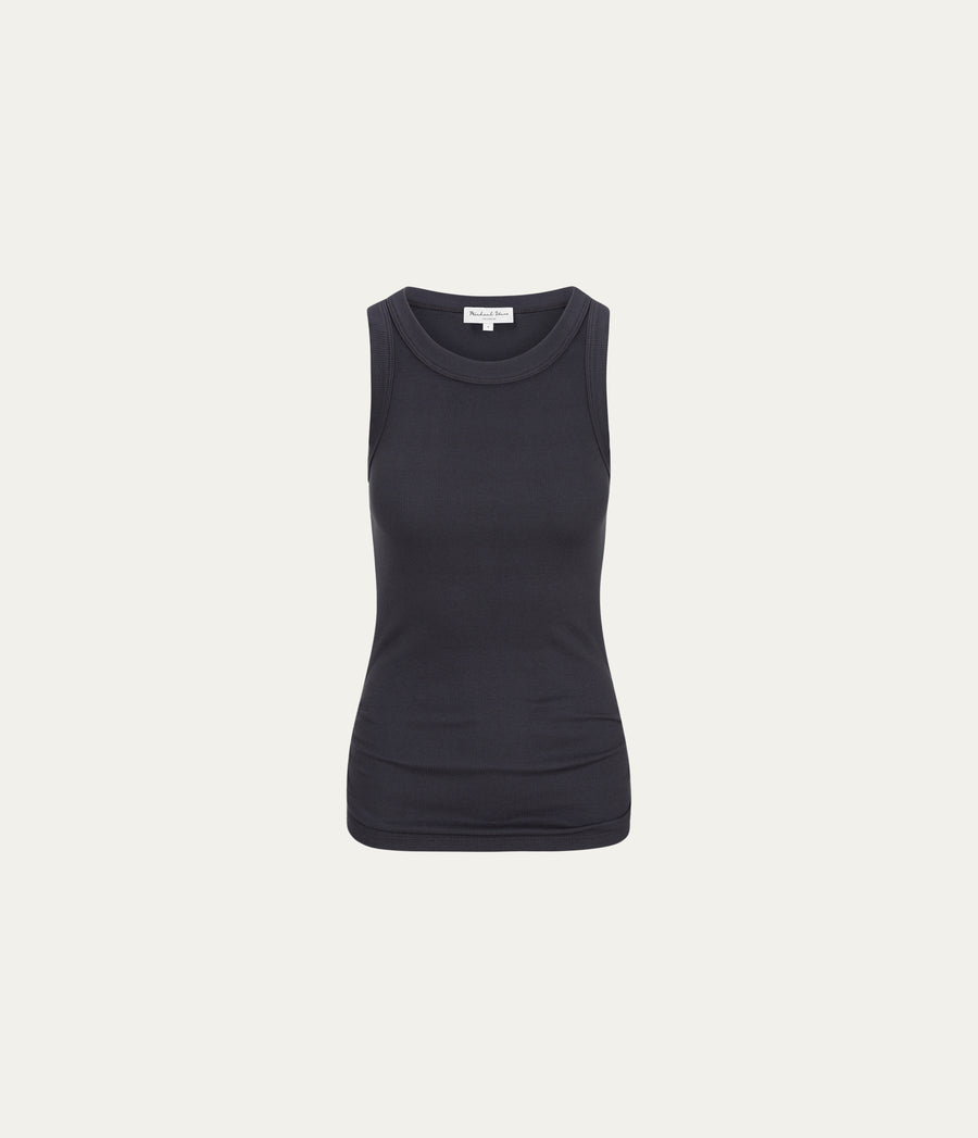 Halley Ribbed Tank with Ruching in Oxide Grey  Close up View #OXIDE