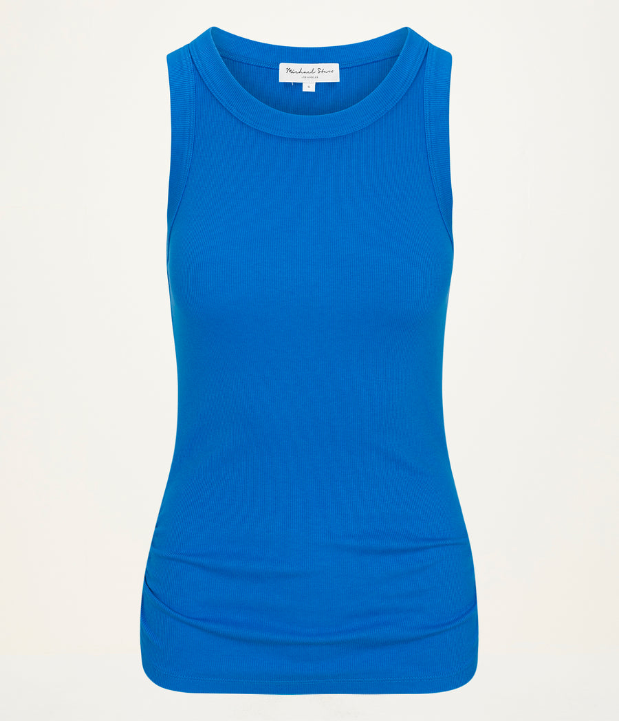 Halley Ribbed Tank with Ruching in PACIFIC BLUE Close up View #PACIFIC