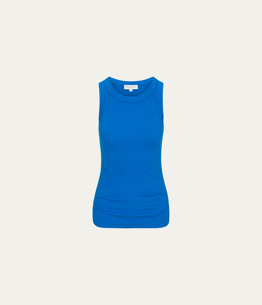 Halley Ribbed Tank with Ruching in PACIFIC BLUE Close up View #PACIFIC