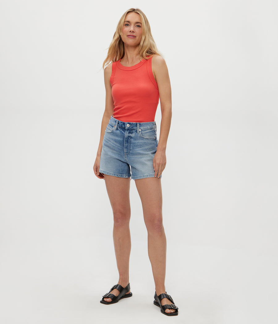 Halley Ribbed Tank with Ruching in PERSIMMON ORANGE Full Body View #PERSIMMON