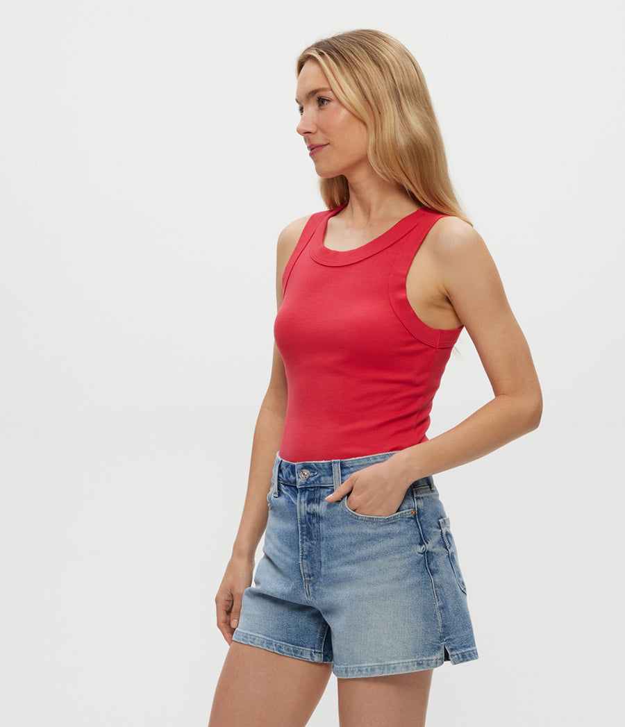 Halley Ribbed Tank with Ruching in Rumba Red Side View #RUMBA