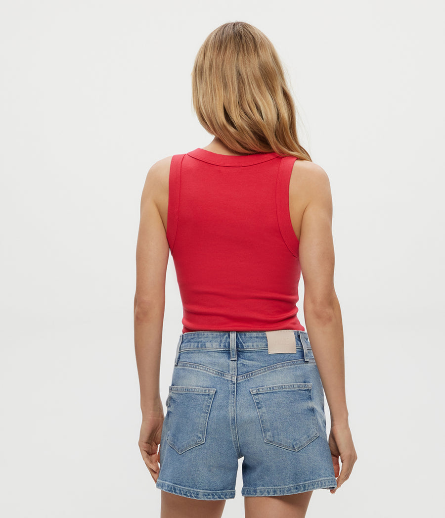 Halley Ribbed Tank with Ruching in Rumba Red Back View #RUMBA