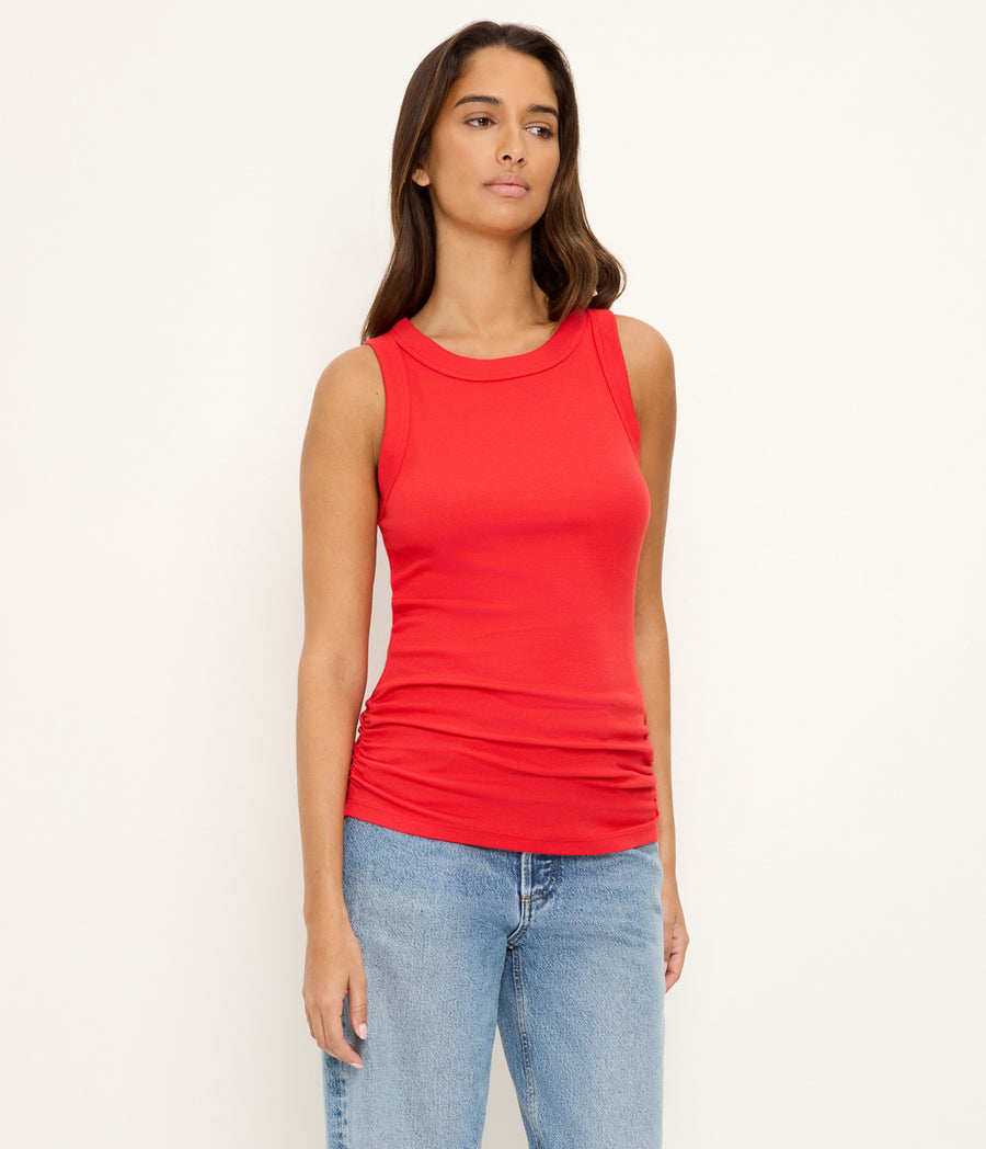 Halley Ribbed Tank with Ruching in SAMBA RED Side View #SAMBA