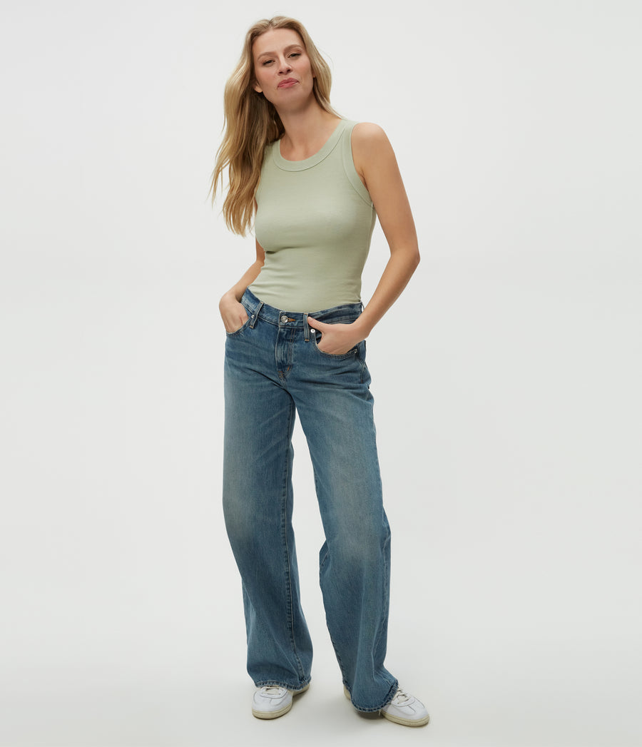 Halley Ribbed Tank with Ruching in Seacrest Green Full Body View #SEACREST