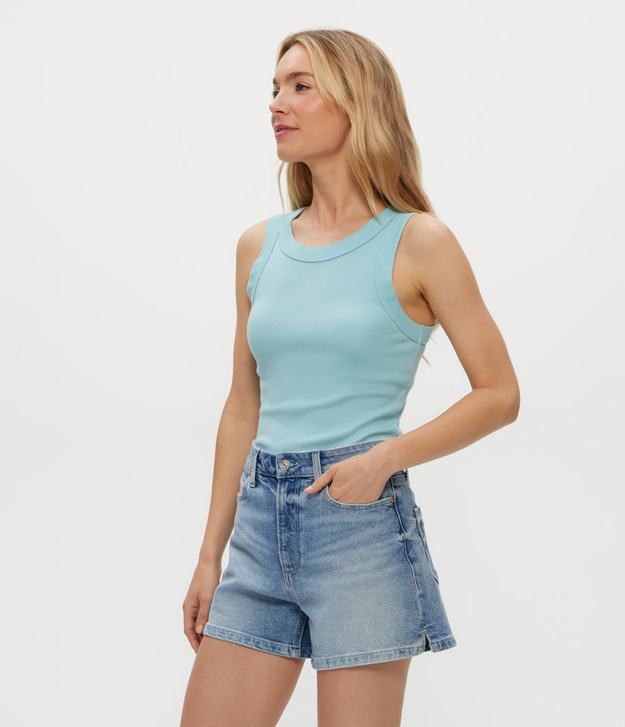 Halley Ribbed Tank with Ruching in SERENE BLUE Side View #SERENE