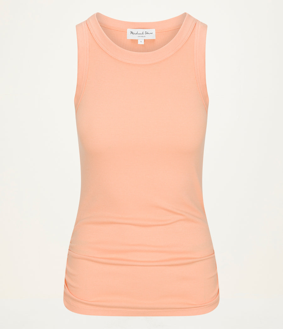 Halley Ribbed Tank with Ruching in Tangerine Orange Close Up View  #TANGERINE
