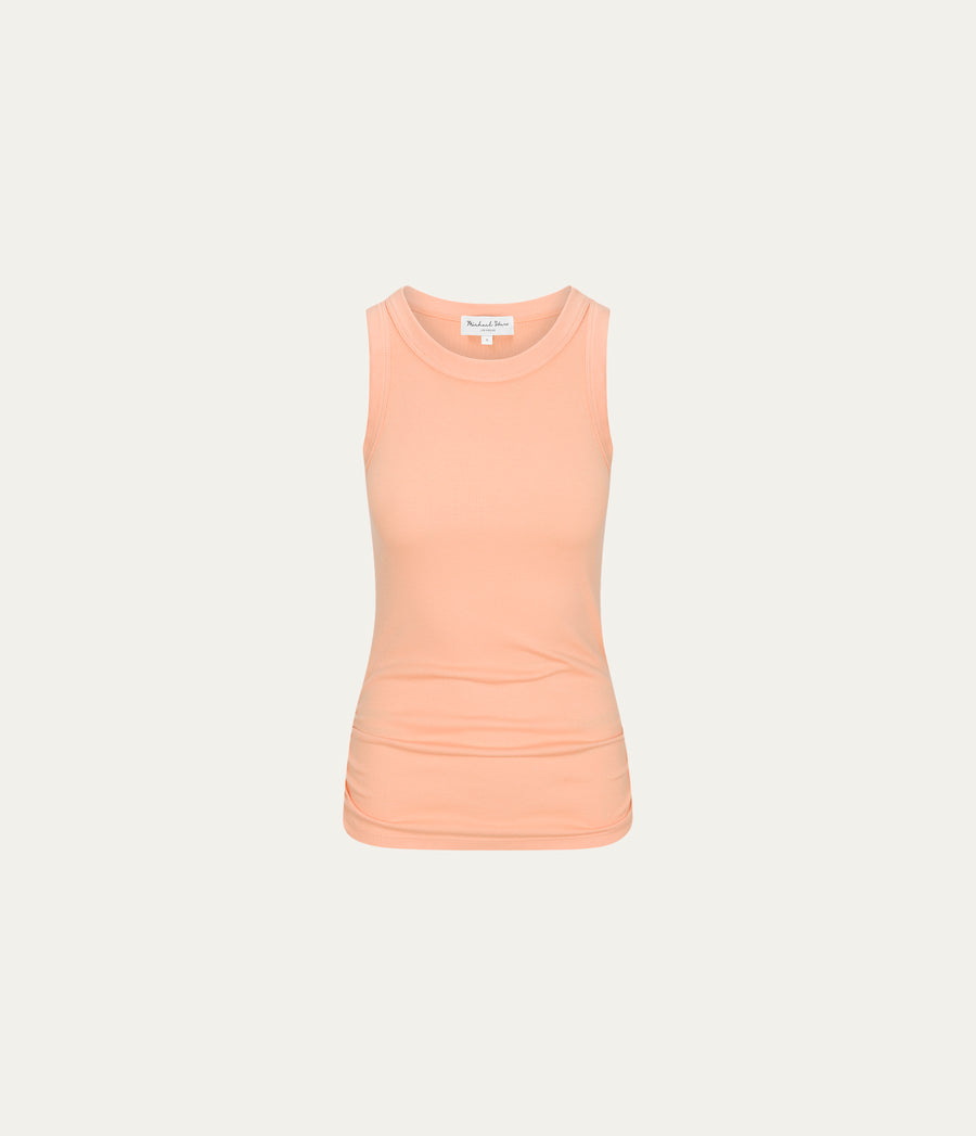 Halley Ribbed Tank with Ruching in Tangerine Orange Close Up View  #TANGERINE