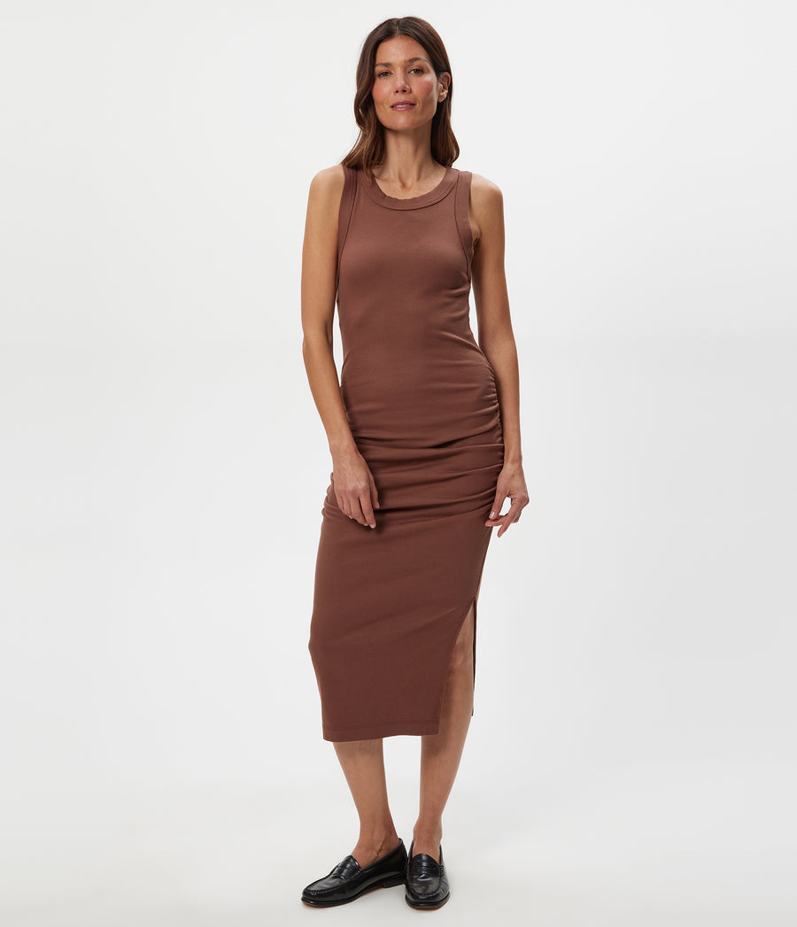 Wren Ribbed Midi Dress in BARK BROWN Full Body View #BARK