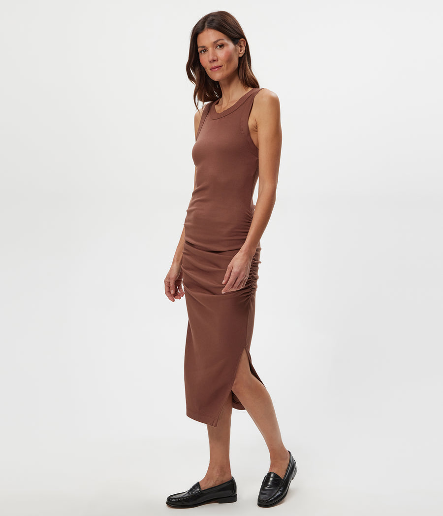 Wren Ribbed Midi Dress in Bark Brown Side View #BARK