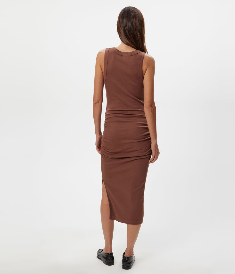 Wren Ribbed Midi Dress in Bark Browm Back View #BARK