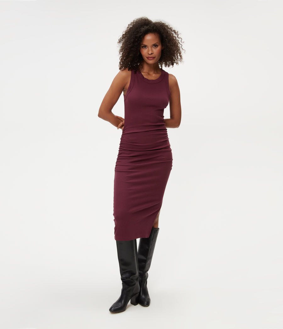 Petite Wren Ribbed Midi Dress in Beetroot Purple Front View #BEETROOT