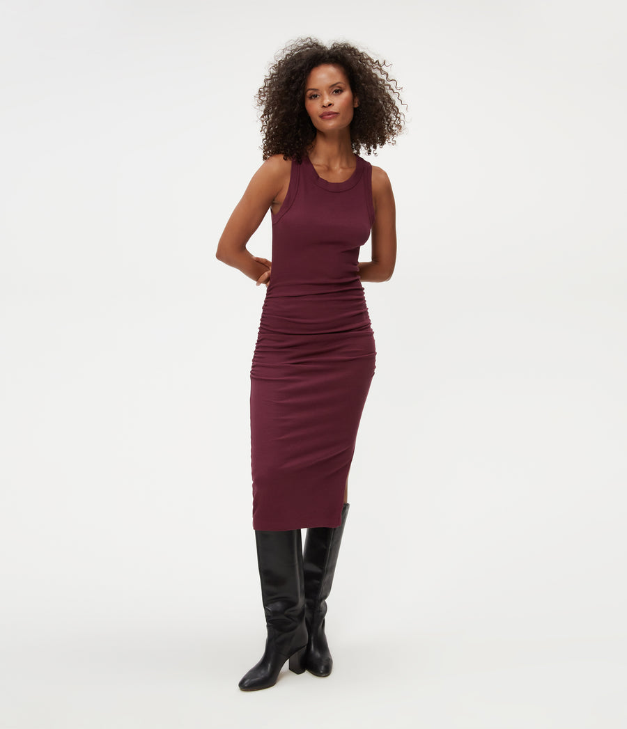 Petite Wren Ribbed Midi Dress in Beetroot Purple Full Body View #BEETROOT