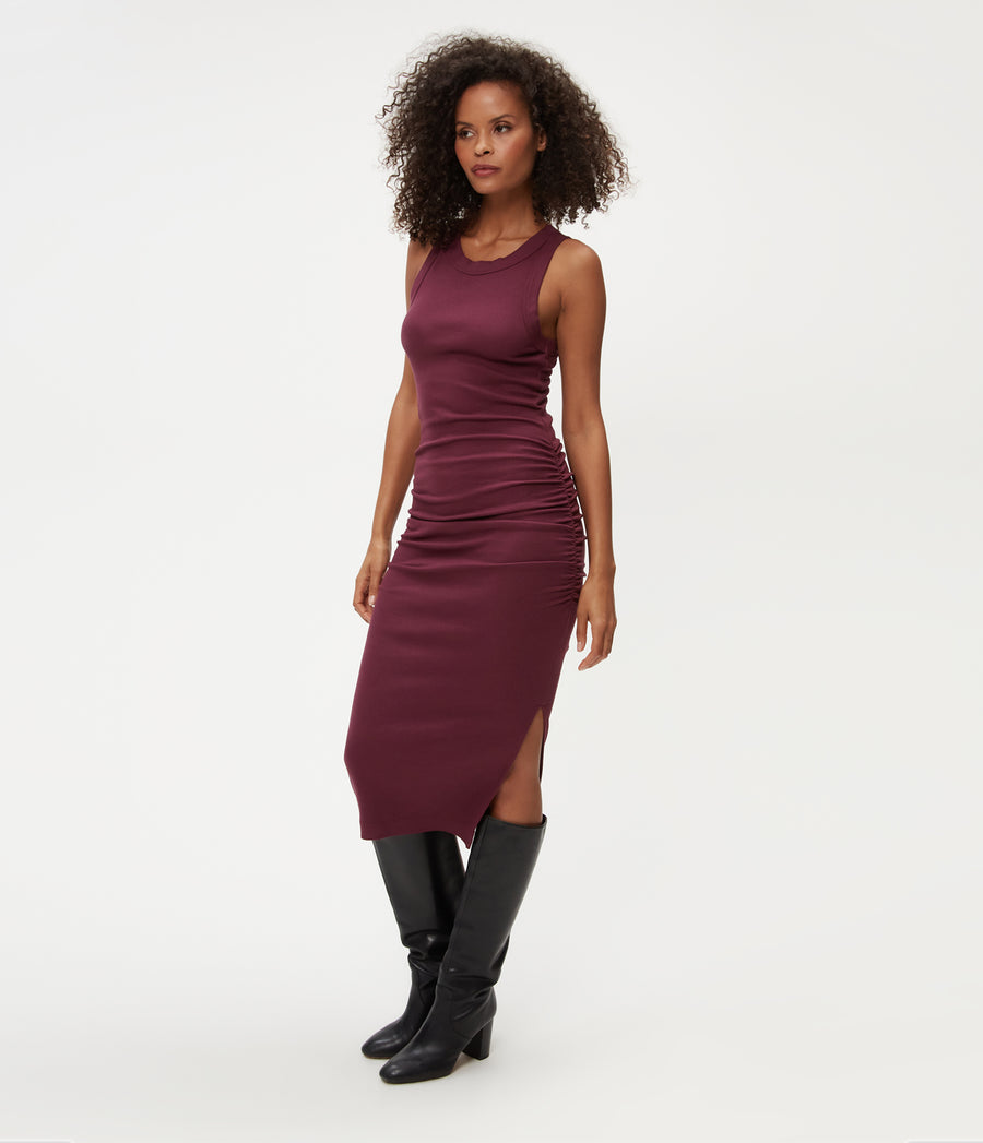 Petite Wren Ribbed Midi Dress in Beetroot Purple Side View #BEETROOT