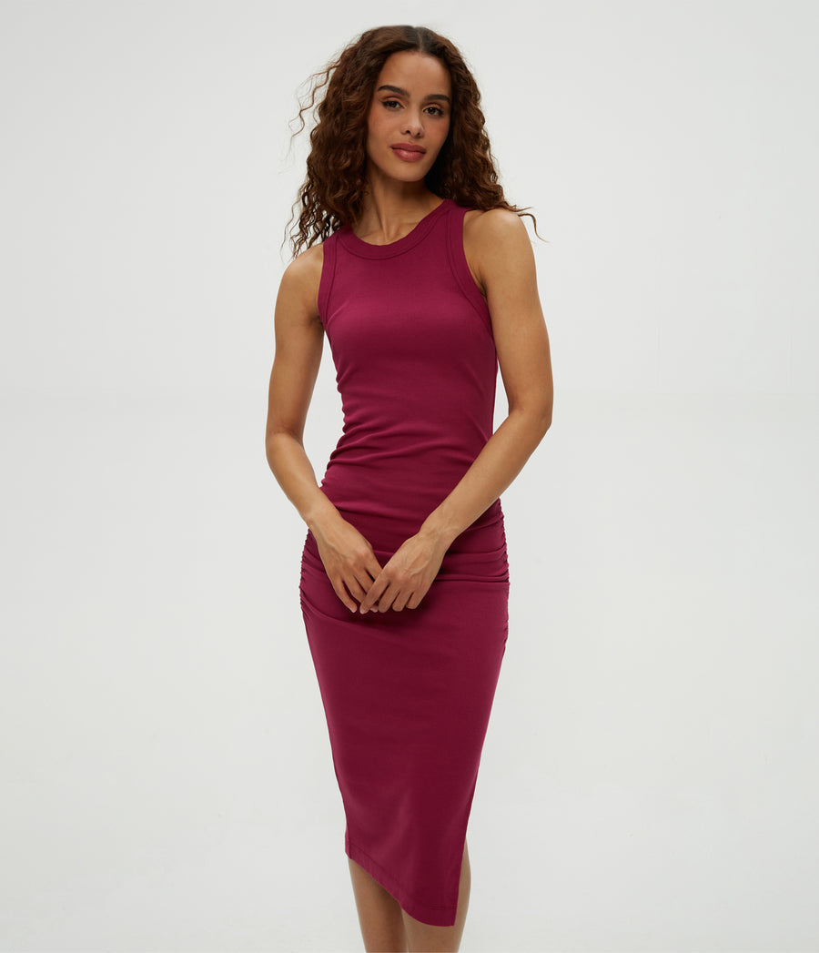Wren Ribbed Midi Dress in Cabernet Red Close Up View #CABERNET