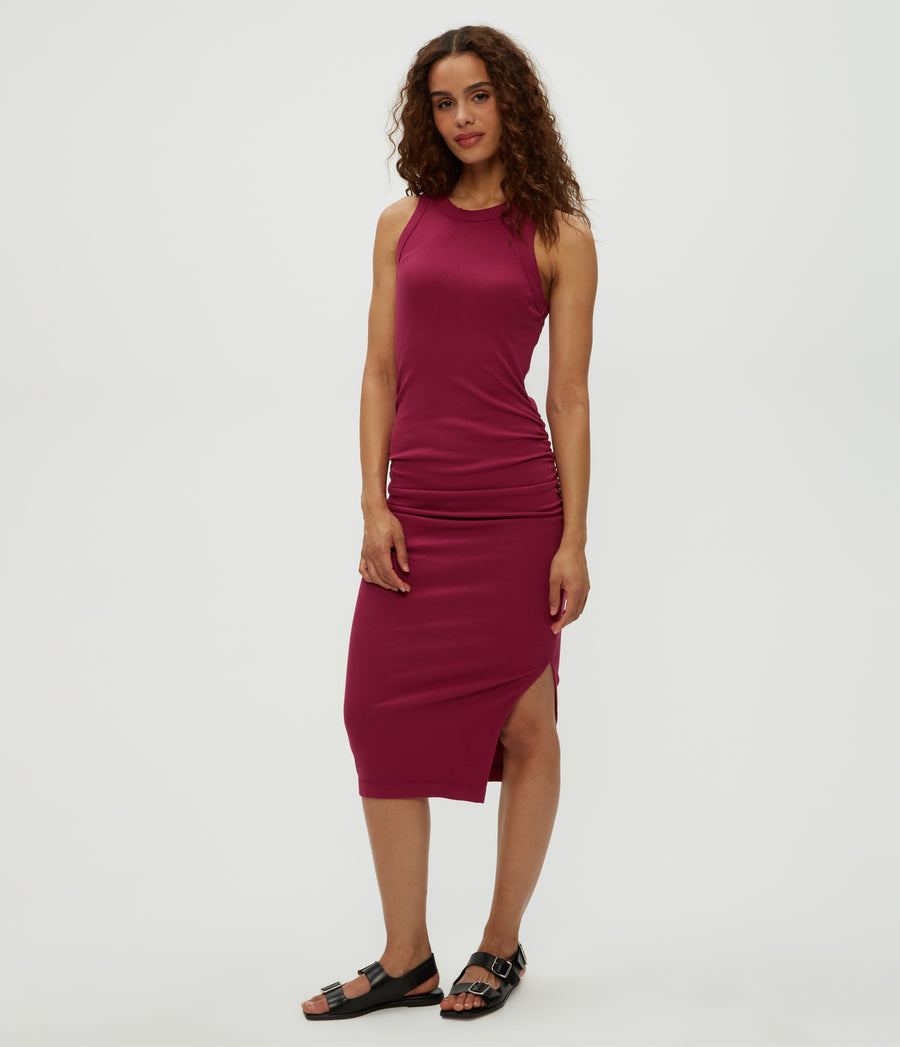 Wren Ribbed Midi Dress in Cabernet Red Side View #CABERNET