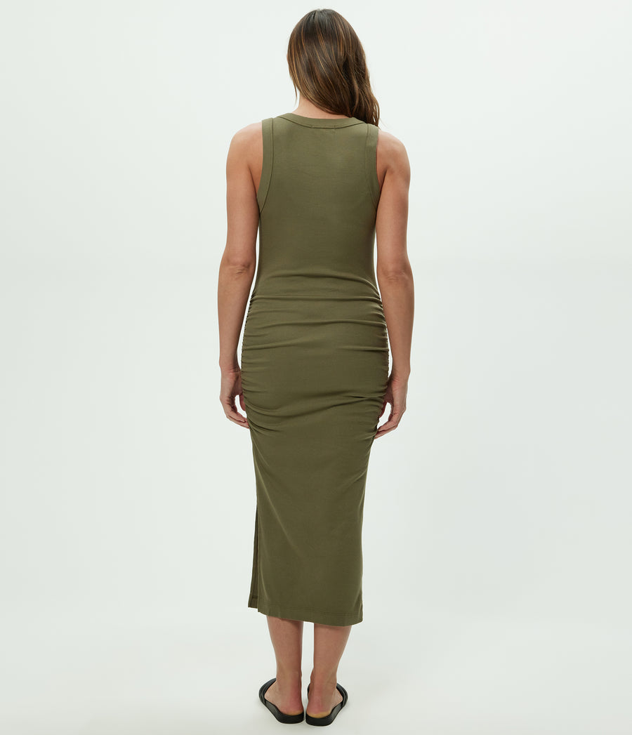 Wren Ribbed Midi Dress in CAPER Green Back View #CAPER