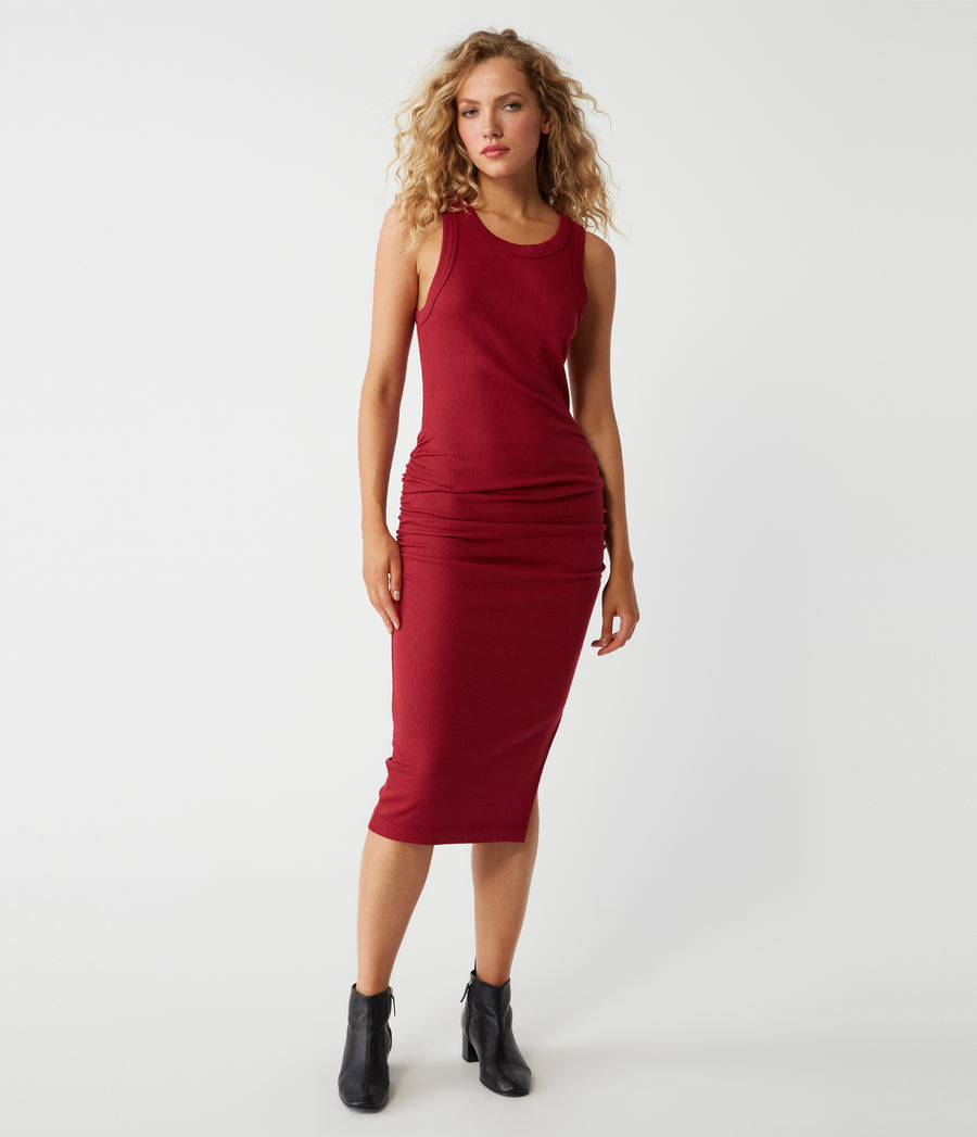 Petite Wren Ribbed Midi Dress in Carmine Red Full Body View #CARMINE