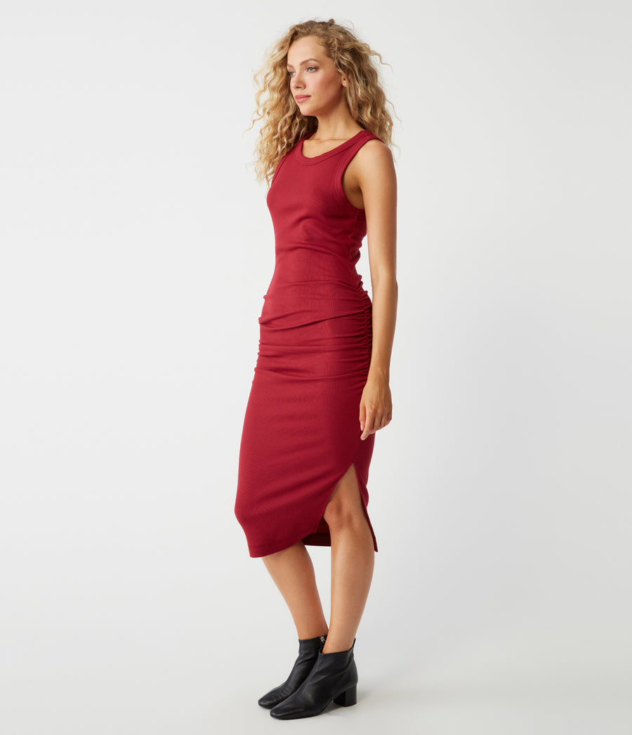 Petite Wren Ribbed Midi Dress in Carmine Red Side View #CARMINE