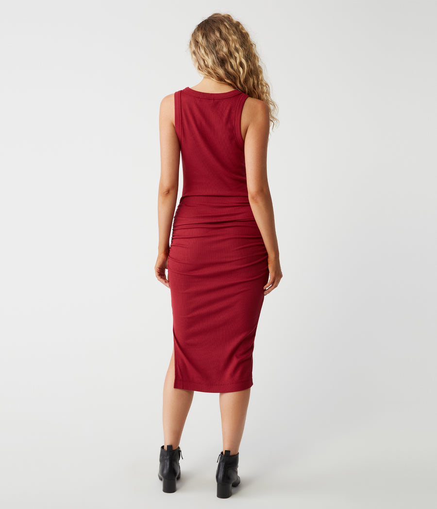 Petite Wren Ribbed Midi Dress in Carmine Red Back View #CARMINE