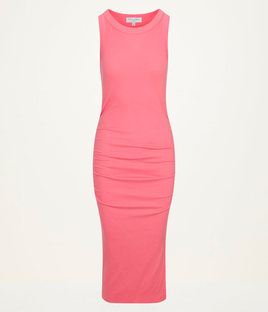 Wren Ribbed Midi Dress in CORAL SHERBET PINK Close up View #CORAL SHERBET
