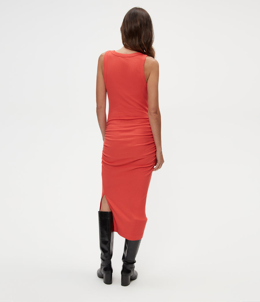 Petite Wren Ribbed Midi Dress in Cherry Red Back View #CHERRY