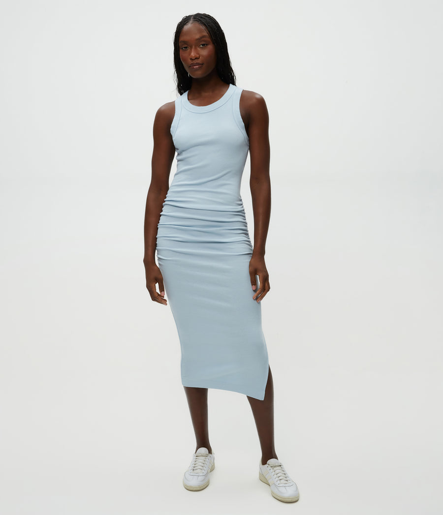 Wren Ribbed Midi Dress in Fountain Blue Close Up View #FOUNTAIN