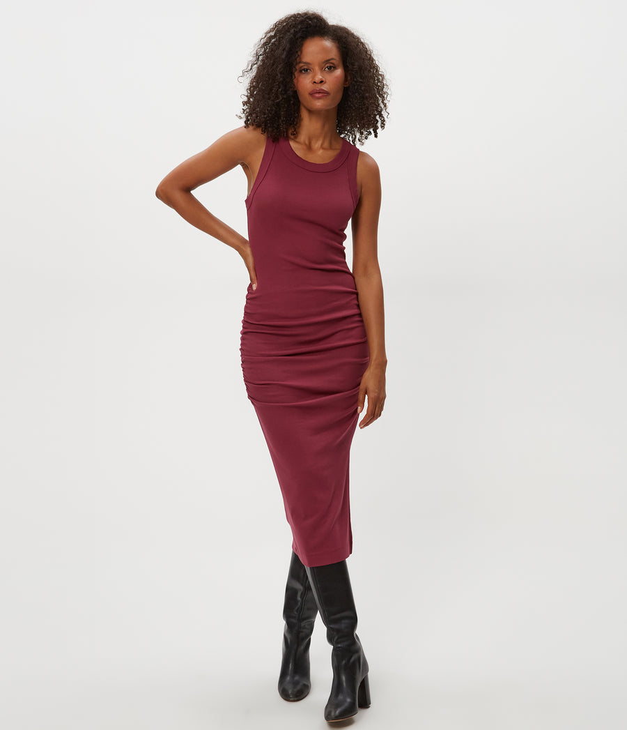 Wren Ribbed Midi Dress in Garnet Red Full Body View #GARNET
