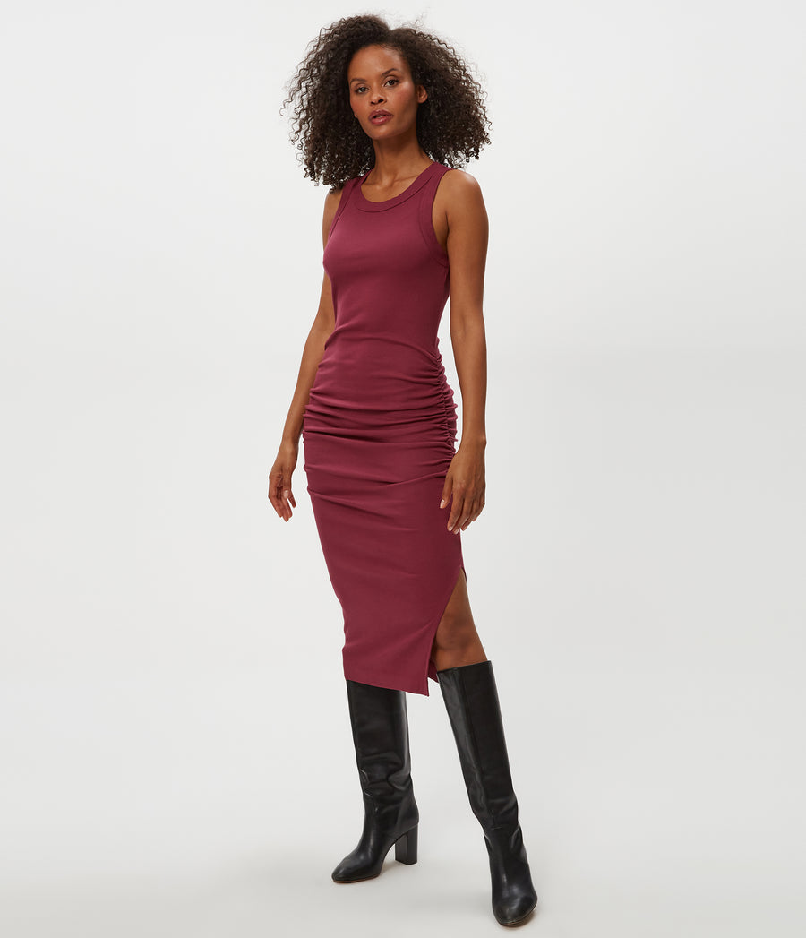 Wren Ribbed Midi Dress in Garnet Red Back View #GARNET