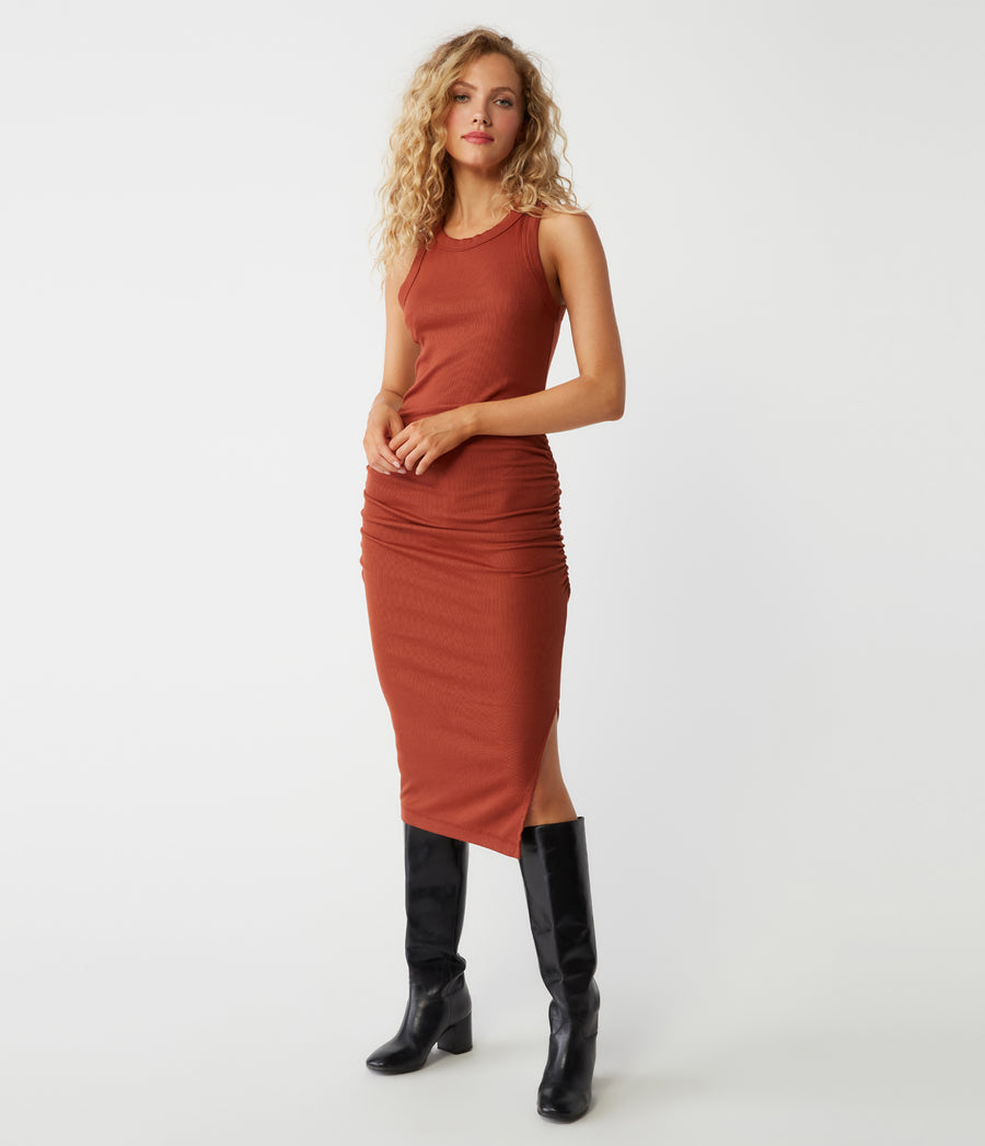 Petite Wren Ribbed Midi Dress in Lava Red Full Body View #LAVA