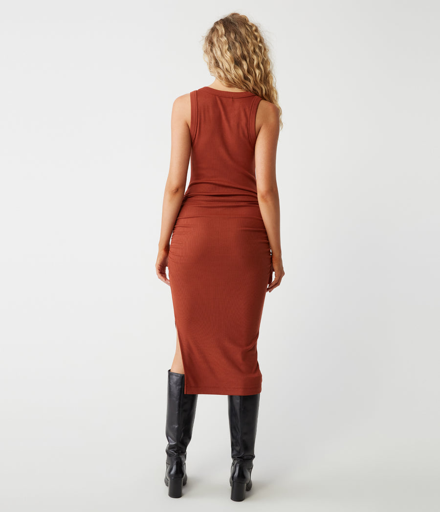 Petite Wren Ribbed Midi Dress in Lava Red Back View #LAVA