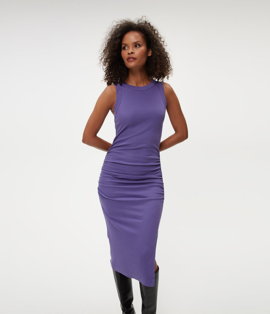 Petite Wren Ribbed Midi Dress in Moonlit Purple Close Up View #MOONLIT