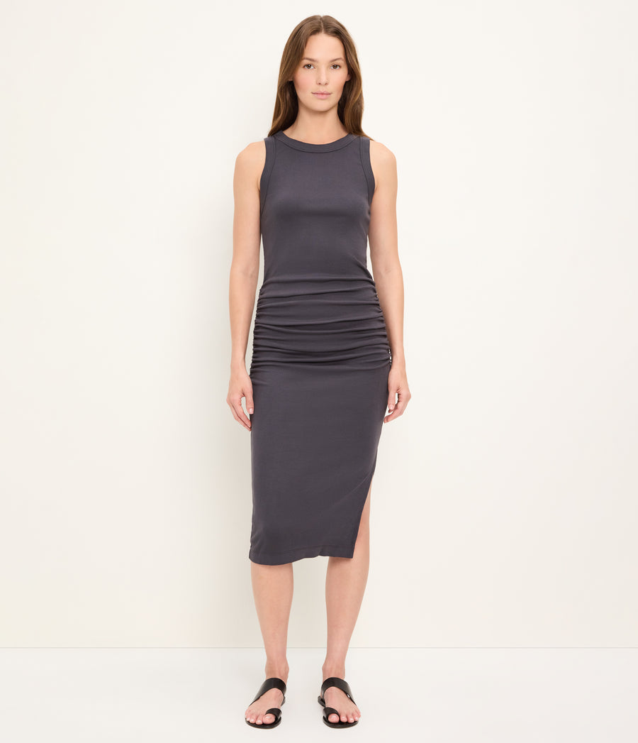 Wren Ribbed Midi Dress in Oxide Grey Full Body View #OXIDE