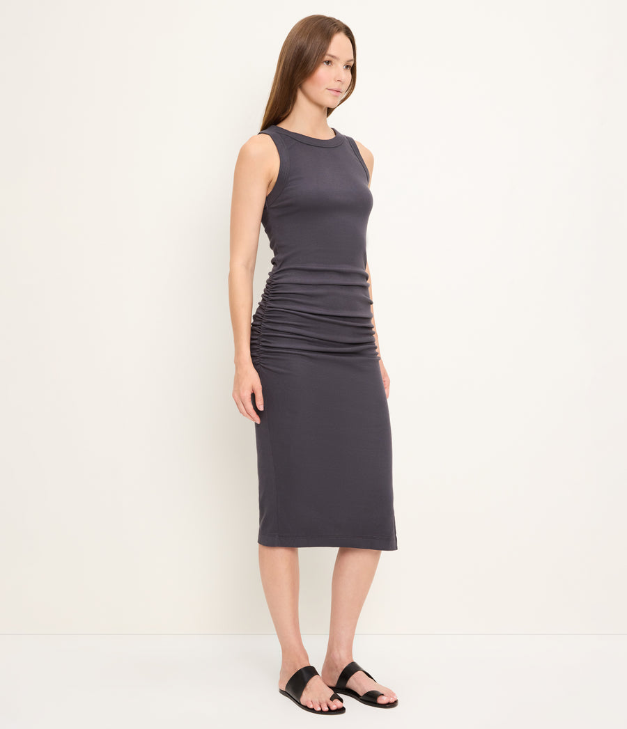 Wren Ribbed Midi Dress in Oxide Grey  Side View #OXIDE