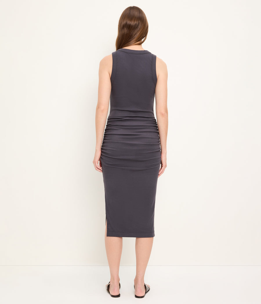 Wren Ribbed Midi Dress in Oxide Grey Back View #OXIDE