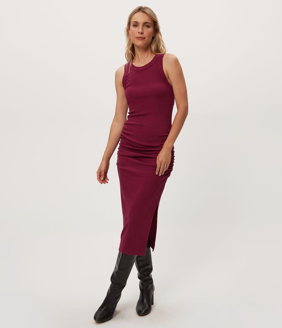 Wren Ribbed Midi Dress in RUBY RED Combo Close up View #RUBY