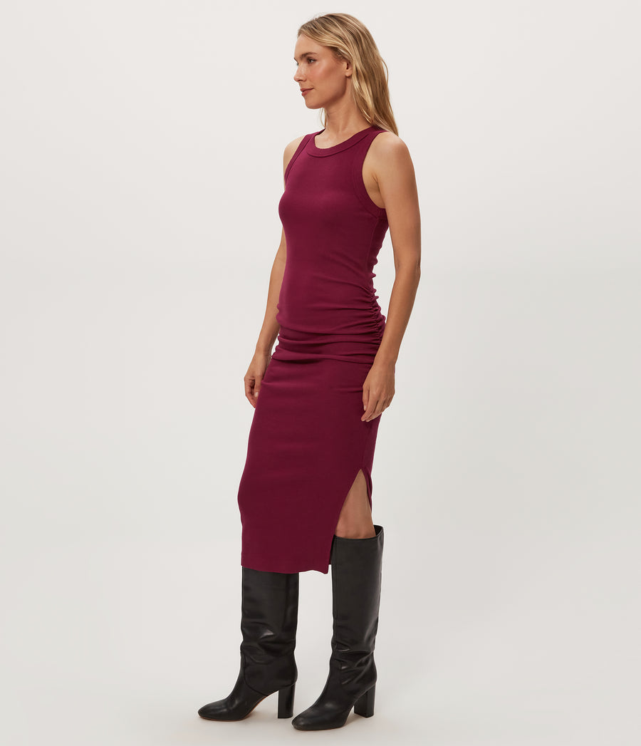 Wren Ribbed Midi Dress in RUBY RED Combo Side View #RUBY