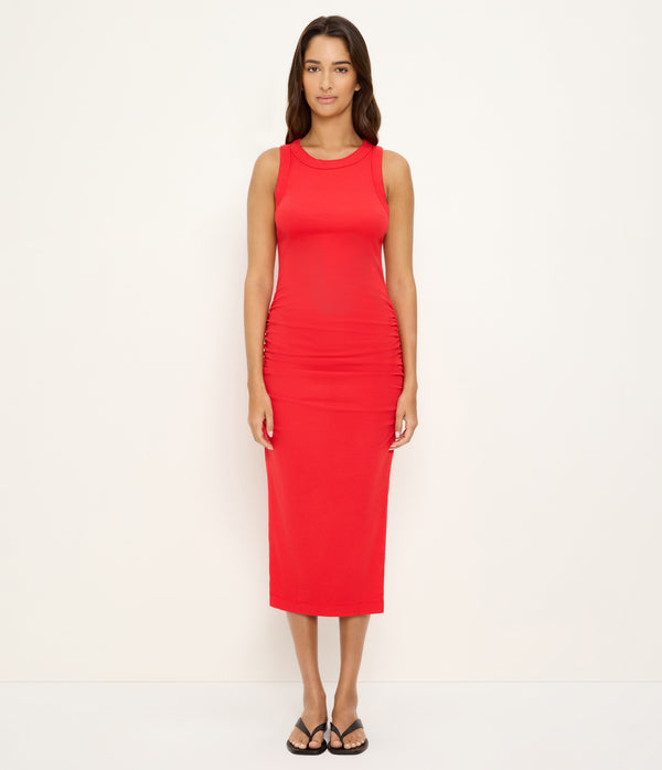 Wren Ribbed Midi Dress in SAMBA RED Full Body View #SAMBA