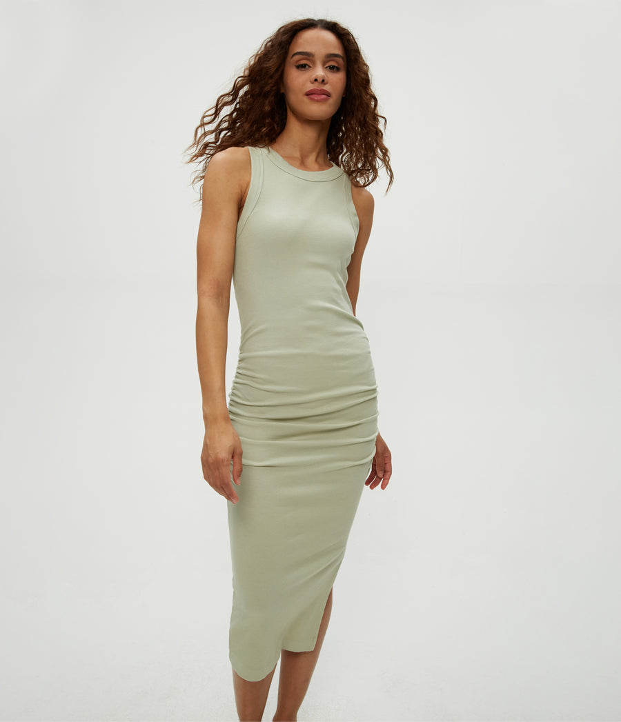 Wren Ribbed Midi Dress in Seacrest Green Close Up View #SEACREST